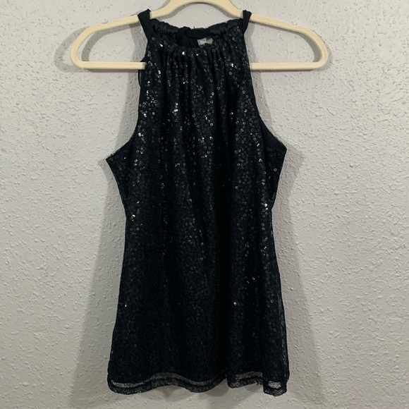 Tahari Black Lace Sparkle Tie Back Bow Halter Style Evening Cocktail Blouse - Picture 1 of 9
